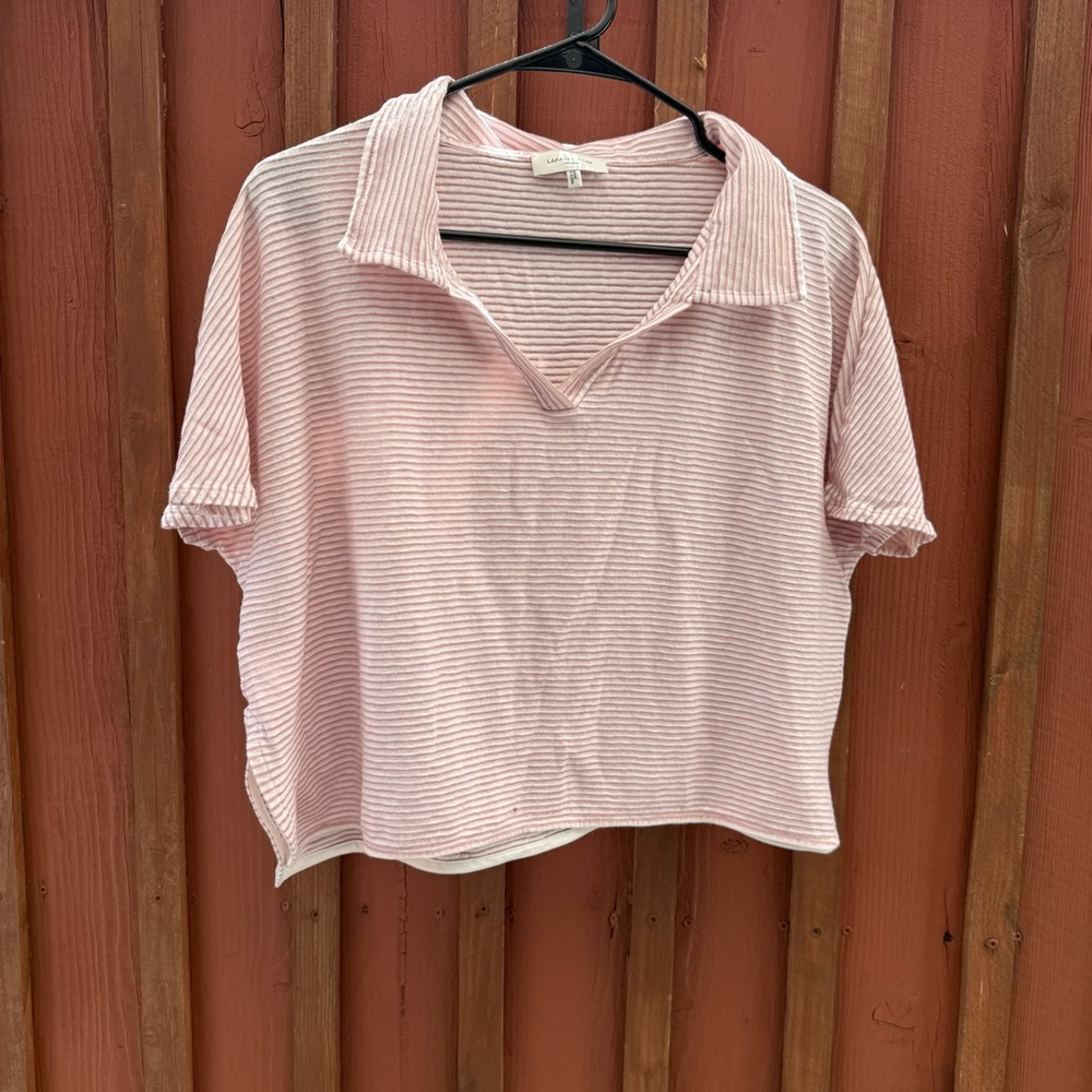 Lafayette 148 CROP Stripe Pink & White Shirt Large Women TEAR